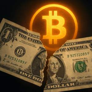 US Dollar tearing apart with Bitcoin symbol emerging, symbolizing fiat collapse and Bitcoin rise