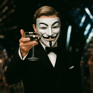 Anonymous figure wearing a Guy Fawkes mask and raising a champagne glass, symbolizing financial sovereignty and independence.