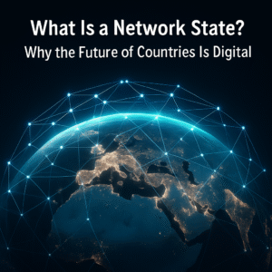 Illustration of a glowing digital globe with network nodes, symbolizing the rise of Network States and borderless governance.