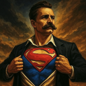 Symbolic painting of a man in Nietzschean style opening his coat to reveal a sovereign symbol on his chest, representing personal transformation and philosophical strength.