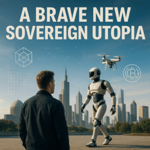 Futuristic city skyline with a humanoid robot walking beside a man, a flying drone above, and digital blockchain and AI symbols floating—captioned with “A Brave New Sovereign Utopia”.