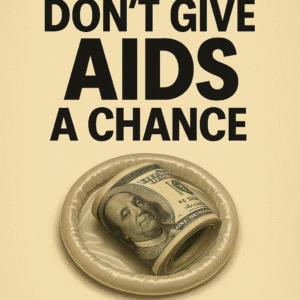 Satirical poster mimicking a public health campaign with a condom containing dollar bills and the slogan "Protect Your Future – Avoid Financial AIDS Events.