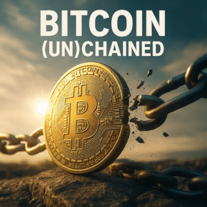 A golden Bitcoin breaks free from thick metal chains, symbolizing decentralization and control, with the title "Bitcoin (Un)Chained".