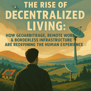 A digital illustration showing a person standing between solar panels and satellite internet equipment, overlooking a digital horizon symbolizing decentralized living.