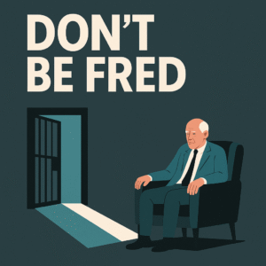 Elderly man in a suit sitting solemnly in a chair beside an open prison door, with bold text “Don’t Be Fred” above – symbolizing self-imposed limitations and the choice to break free.