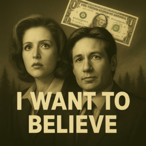 A dark, mysterious X-Files-style poster showing a fading dollar note with the words "FIAT-404: Currency Not Found"