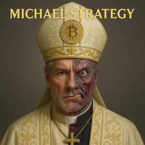 Portrait of Michael Saylor dressed as a Bitcoin Pope with a split face—one side dignified, the other grotesquely scarred like Two-Face—symbolizing his dual legacy in tech and crypto.