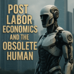 Photorealistic robot overlooking a futuristic city, with bold typography asking: “Post Labor Economics and the Obsolete Human”