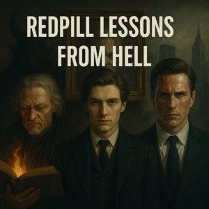 Redpill lessons from Faust, Dorian Gray, and American Psycho in a dimly lit library with a burning book