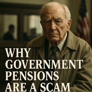 An elderly man looking into an empty piggy bank, symbolizing the failure of state pension systems and financial insecurity in retirement.