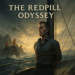 A modern man tied to a ship’s mast, staring stoically ahead while sirens sit on rocky cliffs in the background—an allegorical image symbolizing temptation, masculine discipline, and self-sovereignty.
