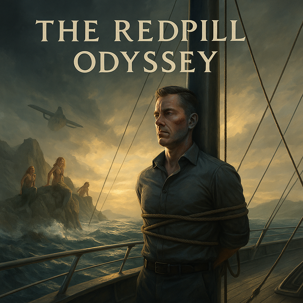 A modern man tied to a ship’s mast, staring stoically ahead while sirens sit on rocky cliffs in the background—an allegorical image symbolizing temptation, masculine discipline, and self-sovereignty.