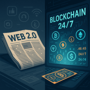 A symbolic illustration showing the decline of Web 2.0 newspapers alongside a glowing blockchain terminal displaying live crypto data.