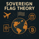 Sovereign Flag Theory globe with passport, airplane, bank, and Bitcoin symbols