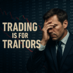 A realistic digital painting shows a serious trader staring at multiple glowing charts, surrounded by shadowy brokers and a web of glowing lines, symbolizing emotional overinvestment and market manipulation.